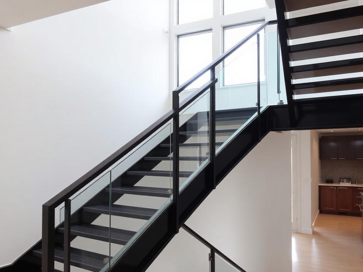 Residential steel staircase with glass balustrade