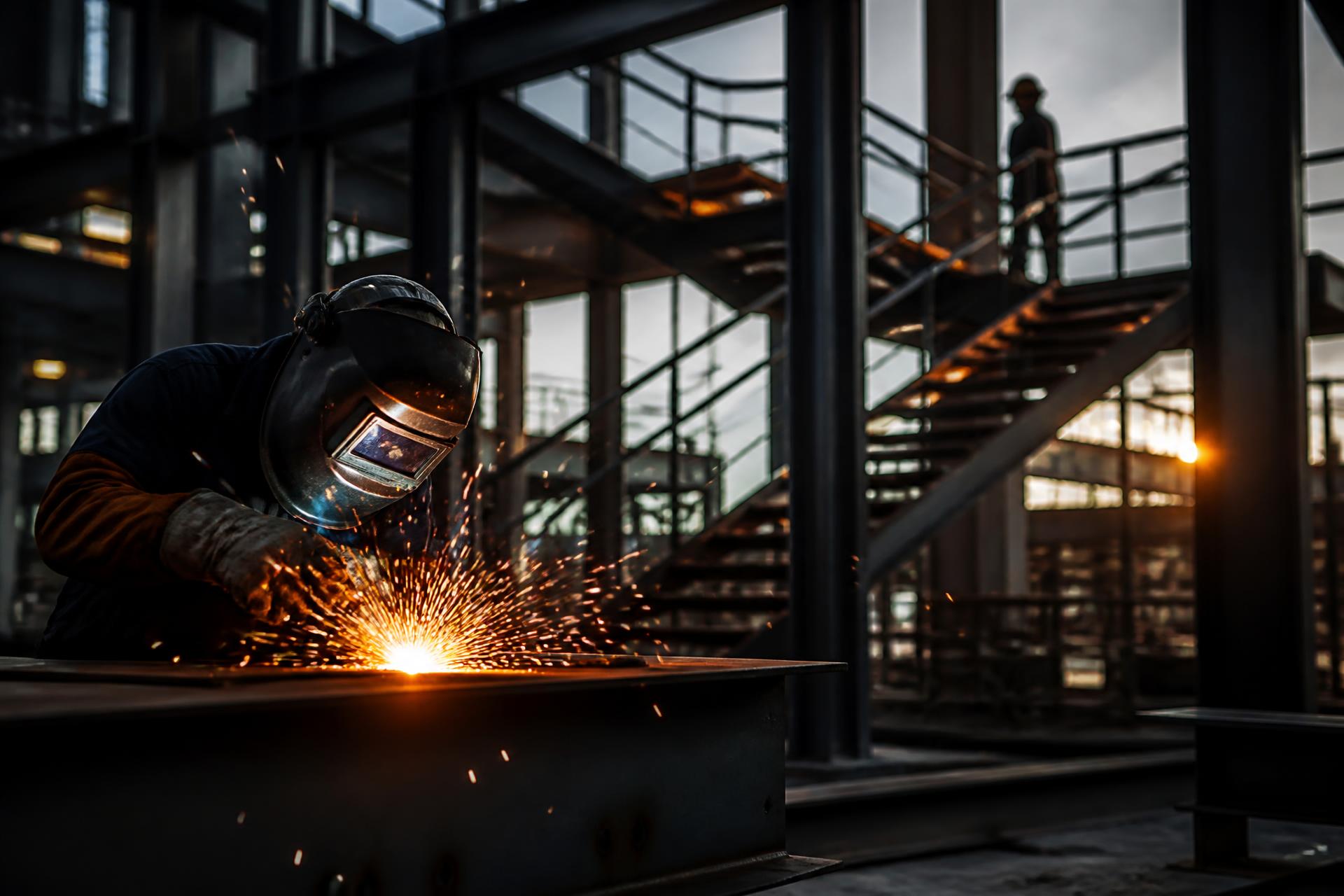 Welder fabricating structural steel on a construction site